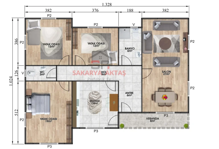 3+1 Tek Katlı Prefabrik Ev 121 m2 galeri resmi
